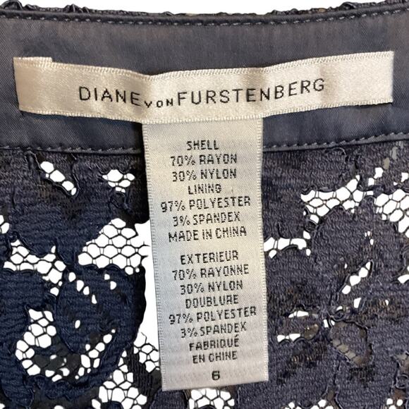 Diane Von Furstenberg Navy Blue Lace Blouse Women's Sz 6 Scallop Hem 3/4 Sleeve - Picture 6 of 8